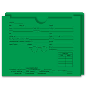 Custom Exp. - Vehicle Deal Jackets, 1" Gusset - GREEN - Qty. 1 Each
