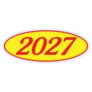Oval Year Window Sticker - 2027 RED on YELLOW - Qty. 12