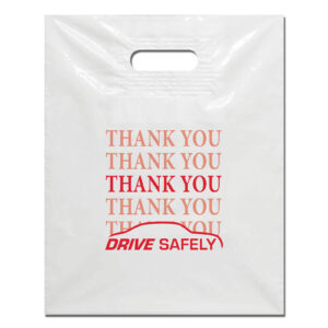 White Plastic Patch Handle Bags - Red Imprint - Qty. 100