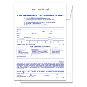 Service Estimate & Parts Return  After Hours Env. - IMPRINTED - Qty. 1 each