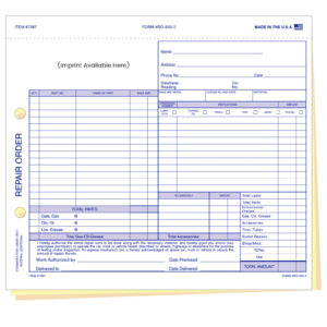 Repair Order - RO-600-3 - 3 Part - Imprinted - Qty 1 each