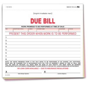 Due Bill Form - 3 Part - IMPRINTED -Qty 1 each