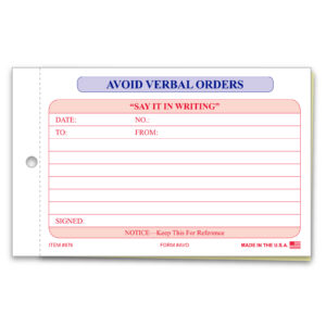 Avoid Verbal Orders Book - Generic, 2 Part - Qty. 1